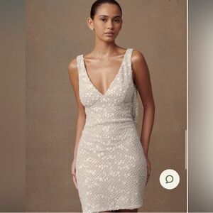 Meshki Ivory Beaded V-Neck Mini Dress